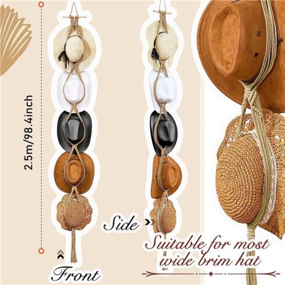Macrame Hat Hangers Boho for Wall Bohemian Women Rack Organizer Hanging Display - Picture 3 of 6